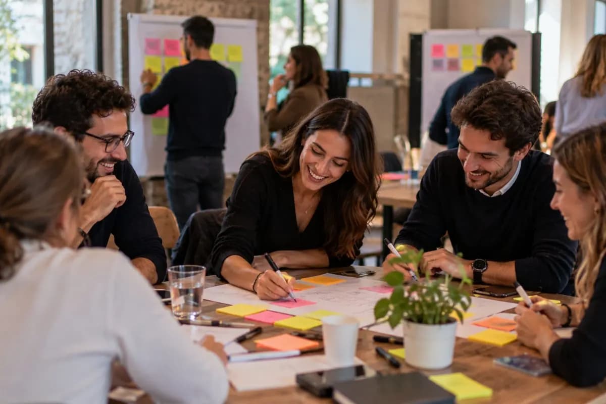 Team beim Brainstorming mit Haftnotizen während eines Workshops