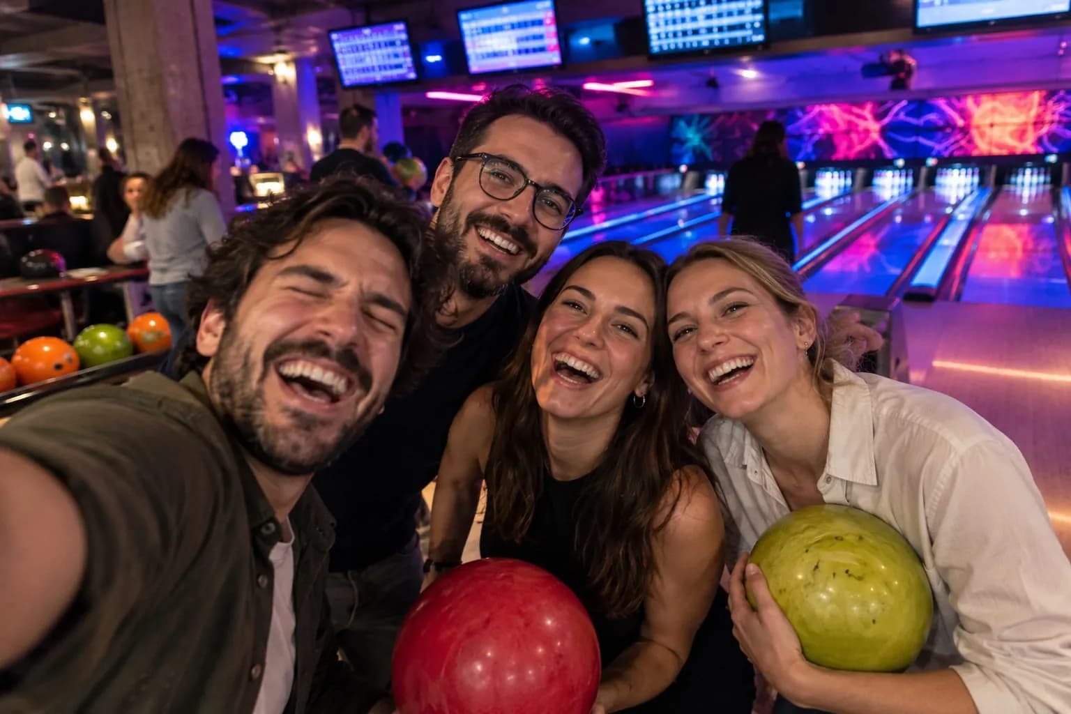 Colleagues taking a selfie at a bowling night