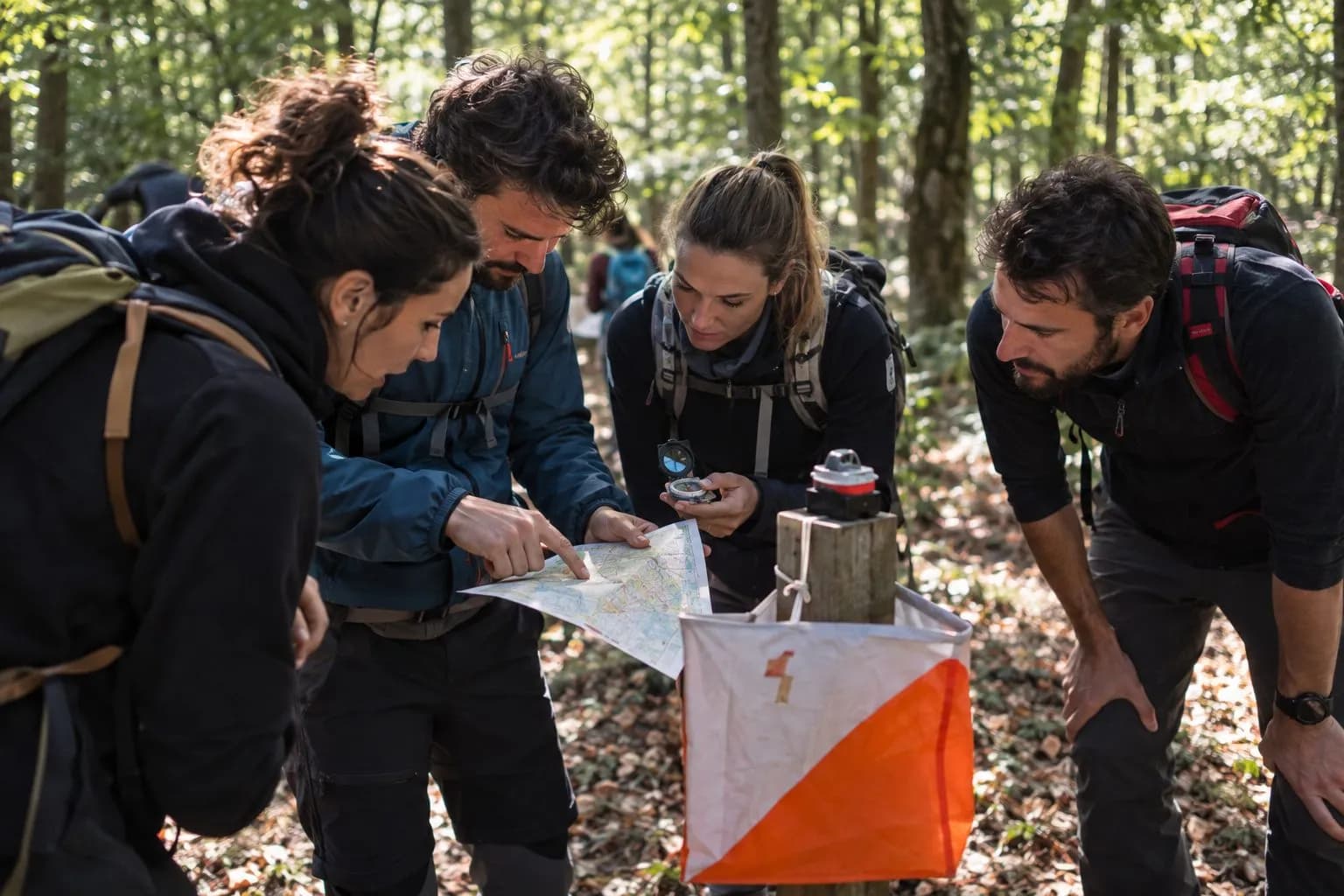 Colleghi che leggono una mappa durante un’attività all’aperto in un bosco d’autunno