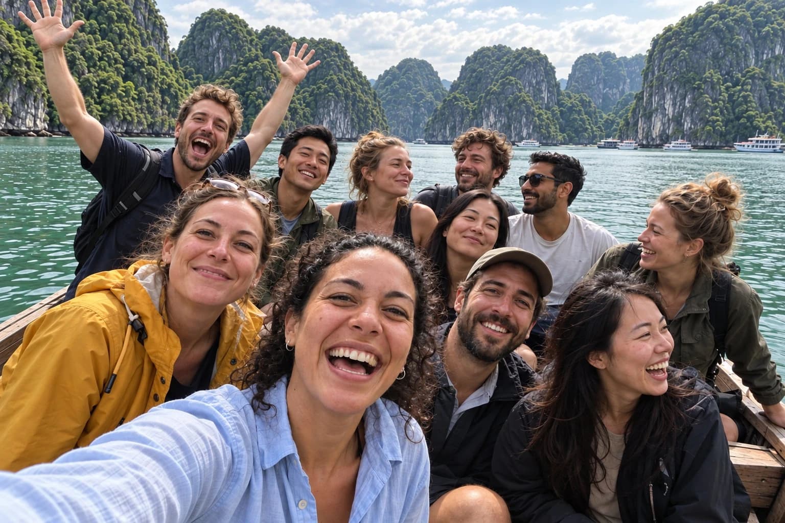 Colleagues taking a selfie on a boat trip during a company offsite