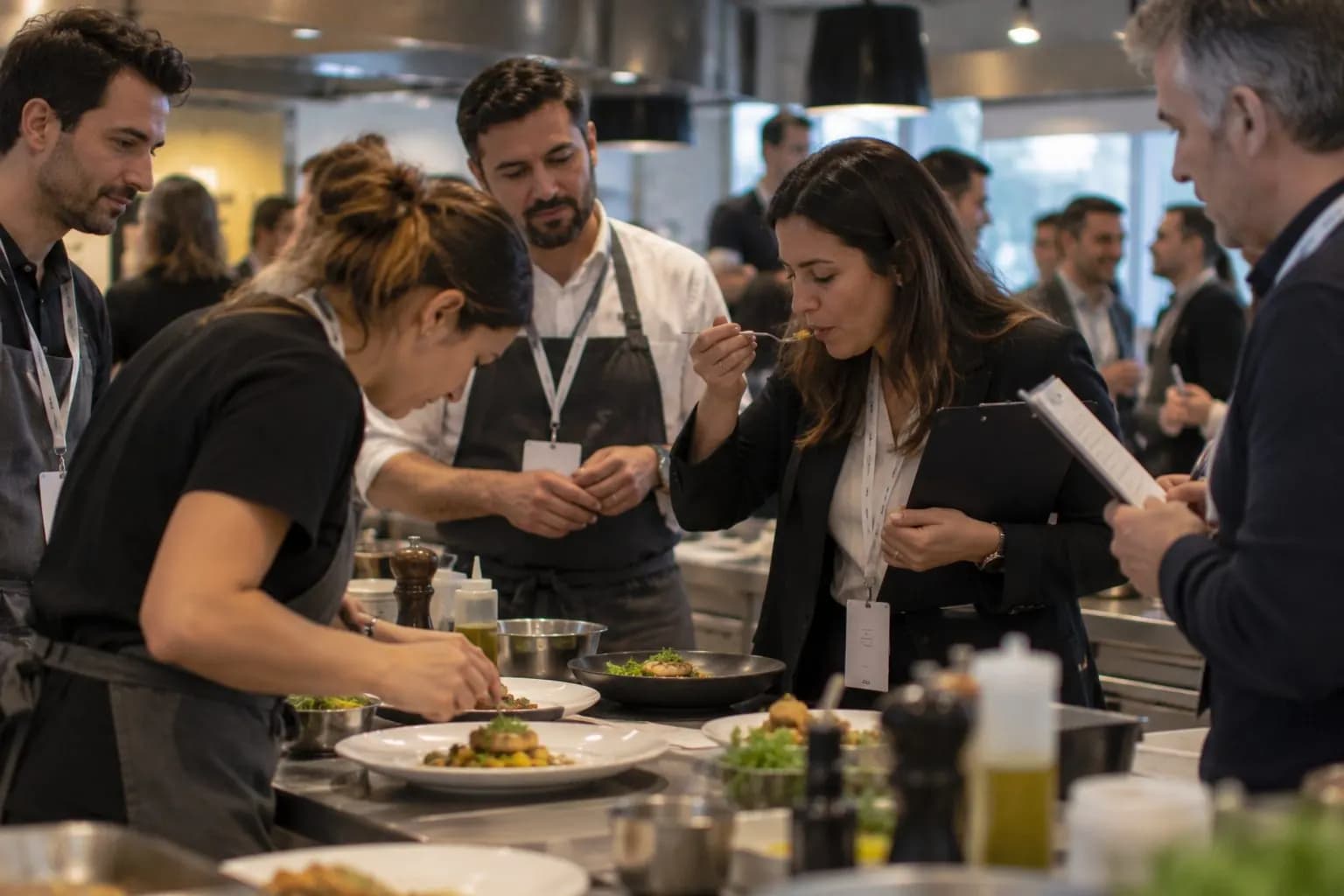 Colleagues plating dishes together at a cooking class
