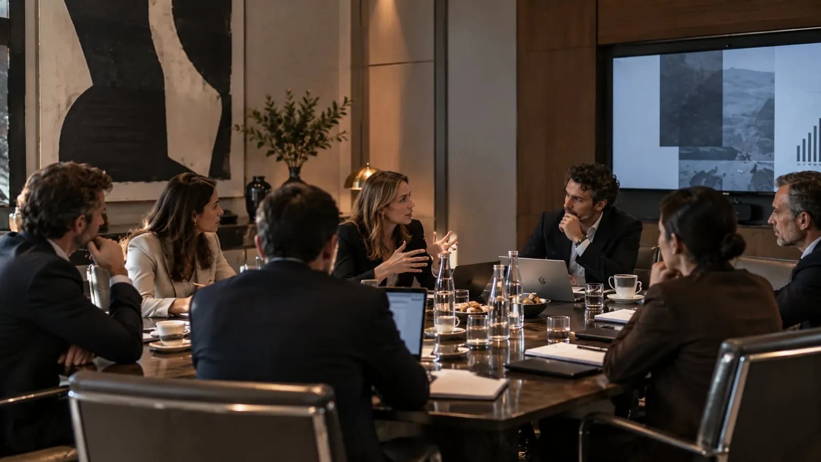 Executives in discussion around a boardroom table, a chart on the screen behind them