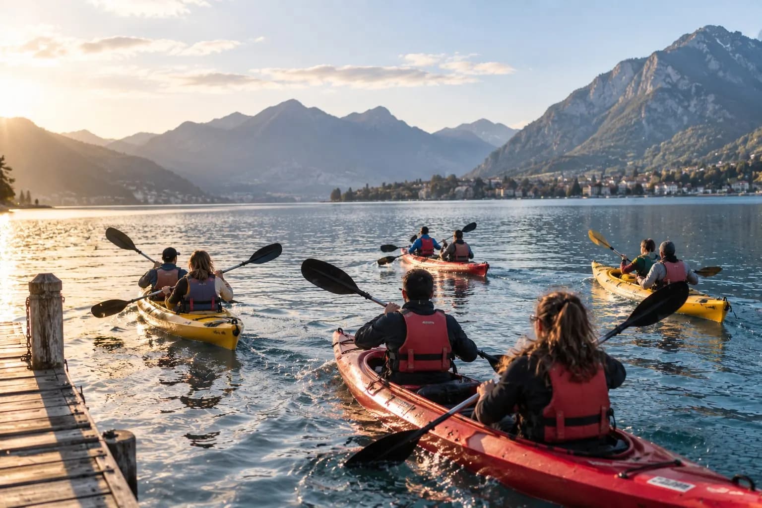 Colleghi in kayak su un lago di montagna
