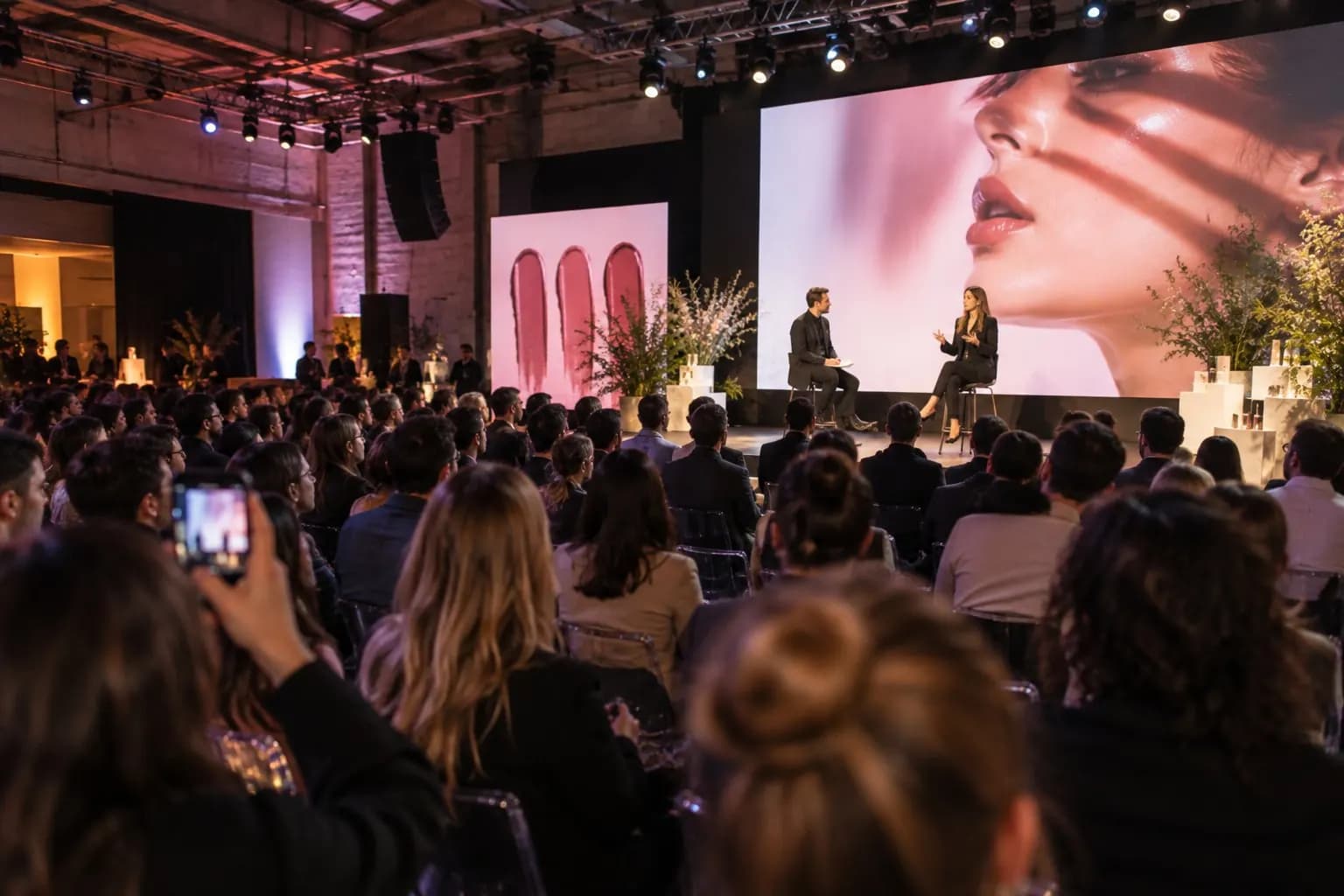 Publikum til en keynote om en produktlancering på scenen