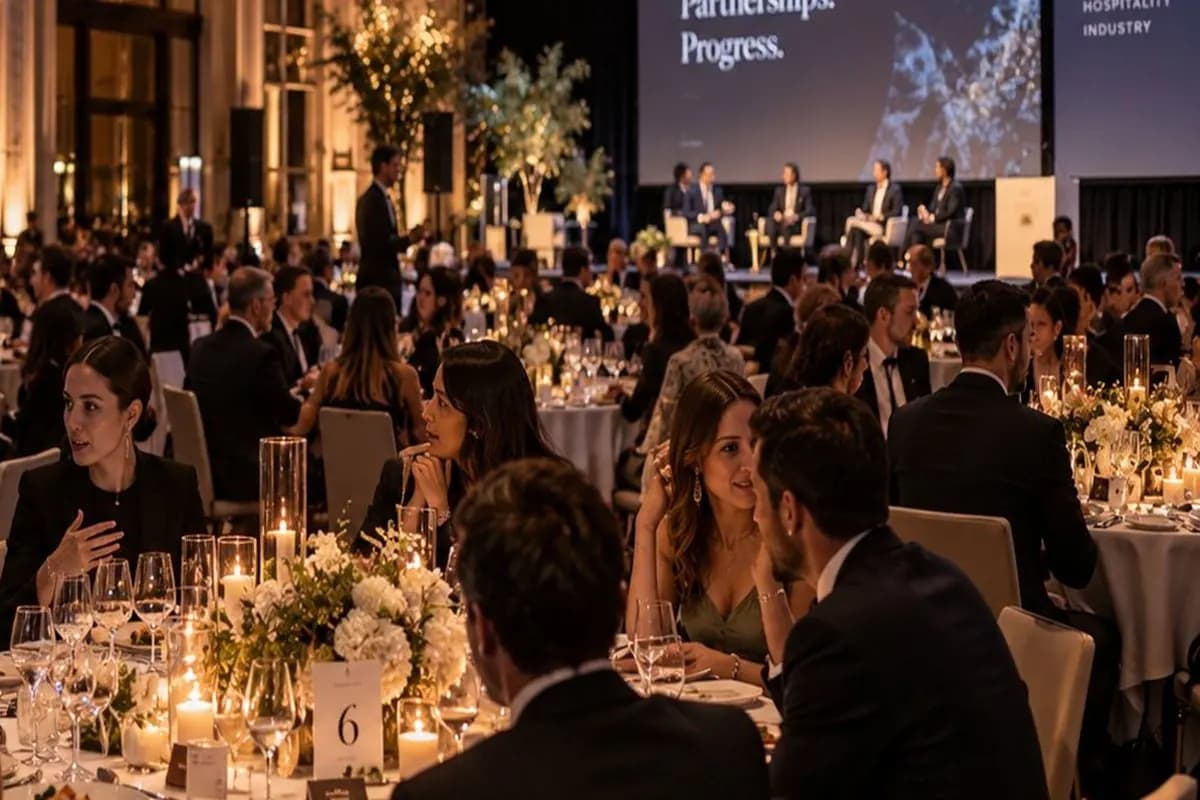 Cena de gala con mesas redondas y escenario