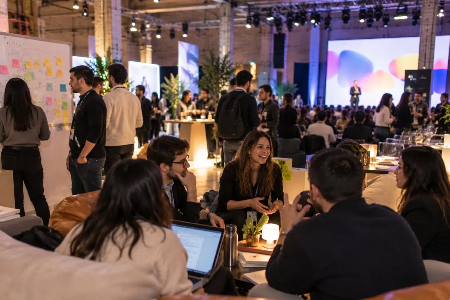 Salgskickoff med præsentationer på scenen og networking